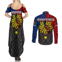 Philippines Half Sleeve Tattoo Couples Matching Summer Maxi Dress and Long Sleeve Button Shirt Pinoy Filipinos Sun DT02 - Polynesian Pride
