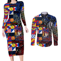 Pinoy Philippines Couples Matching Long Sleeve Bodycon Dress and Long Sleeve Button Shirt Filipino Tattoo Art Style DT02 Art - Polynesian Pride