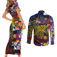 Pinoy Philippines Couples Matching Short Sleeve Bodycon Dress and Long Sleeve Button Shirt Filipino Tattoo Art Style DT02 - Polynesian Pride