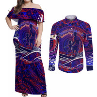 Father's Day American Samoa Couples Matching Off Shoulder Maxi Dress and Long Sleeve Button Shirt Special Dad Polynesia Paradise DT02 Blue - Polynesian Pride