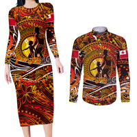 Father's Day Tonga Couples Matching Long Sleeve Bodycon Dress and Long Sleeve Button Shirt Special Dad Polynesia Paradise DT02 Orange - Polynesian Pride