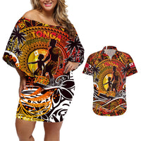 Father's Day Tonga Couples Matching Off Shoulder Short Dress and Hawaiian Shirt Special Dad Polynesia Paradise DT02 Orange - Polynesian Pride
