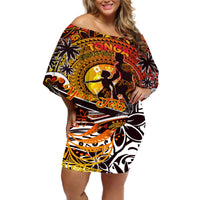 Father's Day Tonga Off Shoulder Short Dress Special Dad Polynesia Paradise DT02 Women Orange - Polynesian Pride