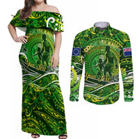 Father's Day Cook Islands Couples Matching Off Shoulder Maxi Dress and Long Sleeve Button Shirt Special Dad Polynesia Paradise DT02 Green - Polynesian Pride
