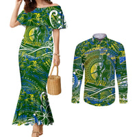 Father's Day Solomon Islands Couples Matching Mermaid Dress and Long Sleeve Button Shirt Special Dad Polynesia Paradise DT02 Green - Polynesian Pride