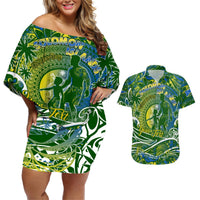 Father's Day Solomon Islands Couples Matching Off Shoulder Short Dress and Hawaiian Shirt Special Dad Polynesia Paradise DT02 Green - Polynesian Pride