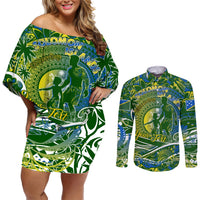 Father's Day Solomon Islands Couples Matching Off Shoulder Short Dress and Long Sleeve Button Shirt Special Dad Polynesia Paradise DT02 Green - Polynesian Pride