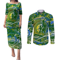 Father's Day Solomon Islands Couples Matching Puletasi and Long Sleeve Button Shirt Special Dad Polynesia Paradise DT02 Green - Polynesian Pride