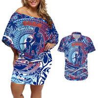 Father's Day Guam Couples Matching Off Shoulder Short Dress and Hawaiian Shirt Special Dad Polynesia Paradise DT02 Blue - Polynesian Pride
