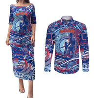 Father's Day Guam Couples Matching Puletasi and Long Sleeve Button Shirt Special Dad Polynesia Paradise DT02 Blue - Polynesian Pride