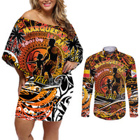 Father's Day Marquesas Islands Couples Matching Off Shoulder Short Dress and Long Sleeve Button Shirt Special Dad Polynesia Paradise DT02 Orange - Polynesian Pride