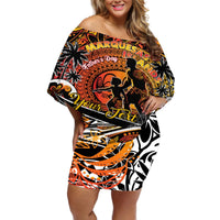 Father's Day Marquesas Islands Off Shoulder Short Dress Special Dad Polynesia Paradise DT02 Women Orange - Polynesian Pride
