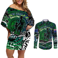Father's Day New Zealand Couples Matching Off Shoulder Short Dress and Long Sleeve Button Shirt Special Dad Polynesia Paradise DT02 Green - Polynesian Pride