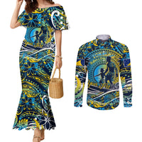 Father's Day Tokelau Couples Matching Mermaid Dress and Long Sleeve Button Shirt Special Dad Polynesia Paradise DT02 Blue - Polynesian Pride