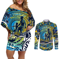 Father's Day Tokelau Couples Matching Off Shoulder Short Dress and Long Sleeve Button Shirt Special Dad Polynesia Paradise DT02 Blue - Polynesian Pride