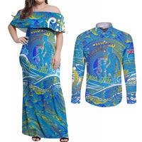 Father's Day Tuvalu Couples Matching Off Shoulder Maxi Dress and Long Sleeve Button Shirt Special Dad Polynesia Paradise DT02 Blue - Polynesian Pride