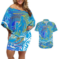 Father's Day Tuvalu Couples Matching Off Shoulder Short Dress and Hawaiian Shirt Special Dad Polynesia Paradise DT02 Blue - Polynesian Pride