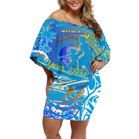 Father's Day Tuvalu Off Shoulder Short Dress Special Dad Polynesia Paradise DT02 Women Blue - Polynesian Pride