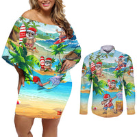 Guam Christmas Couples Matching Off Shoulder Short Dress and Long Sleeve Button Shirts Santa Claus Beach and Wave DT02 Art - Polynesian Pride