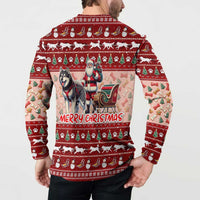 Dog Sled Christmas Button Sweatshirt Husky Sleigh Ride Design - Polynesian Pride