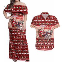 Dog Sled Christmas Couples Matching Off Shoulder Maxi Dress and Hawaiian Shirt Husky Sleigh Ride Design - Polynesian Pride
