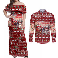Dog Sled Christmas Couples Matching Off Shoulder Maxi Dress and Long Sleeve Button Shirt Husky Sleigh Ride Design - Polynesian Pride