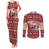 Dog Sled Christmas Couples Matching Tank Maxi Dress and Long Sleeve Button Shirt Husky Sleigh Ride Design - Polynesian Pride