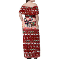 Dog Sled Christmas Family Matching Off Shoulder Maxi Dress and Hawaiian Shirt Husky Sleigh Ride Design - Polynesian Pride