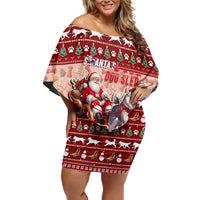 Dog Sled Christmas Family Matching Off Shoulder Short Dress and Hawaiian Shirt Husky Sleigh Ride Design - Polynesian Pride