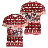 Dog Sled Christmas Women V-Neck T-Shirt Husky Sleigh Ride Design - Polynesian Pride