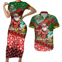 Mele Kalikimaka Shaka Santa Couples Matching Short Sleeve Bodycon Dress and Hawaiian Shirt Hawaiian Surf Christmas Design with Aloha Spirit - Polynesian Pride