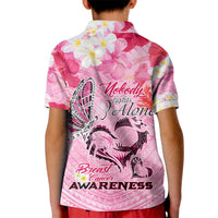 Butterfly Polynesia Breast Cancer Kid Polo Shirt Nobody Fights Alone Pink Out Tropical Hibiscus