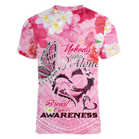 Butterfly Polynesia Breast Cancer Women V-Neck T-Shirt Nobody Fights Alone Pink Out Tropical Hibiscus