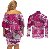 Breast Cancer Awareness Hawaii Couples Matching Off Shoulder Short Dress and Long Sleeve Button Shirt Polynesia Girl Nobody Fights Alone DT02 - Polynesian Pride