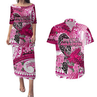 Breast Cancer Awareness Hawaii Couples Matching Puletasi and Hawaiian Shirt Polynesia Girl Nobody Fights Alone DT02 Pink - Polynesian Pride