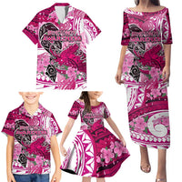 Breast Cancer Awareness Hawaii Family Matching Puletasi and Hawaiian Shirt Polynesia Girl Nobody Fights Alone