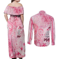 Breast Cancer Awareness Month Couples Matching Off Shoulder Maxi Dress and Long Sleeve Button Shirt Butterfly Polynesia Watercolor Pink DT02 - Polynesian Pride