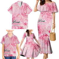 Breast Cancer Awareness Month Family Matching Mermaid Dress and Hawaiian Shirt Butterfly Polynesia Watercolor Pink