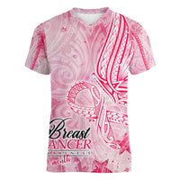 Breast Cancer Awareness Month Women V-Neck T-Shirt Butterfly Polynesia Watercolor Pink