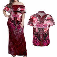 Breast Cancer Warrior Couples Matching Off Shoulder Maxi Dress and Hawaiian Shirt Angel Wings Polynesian Pattern