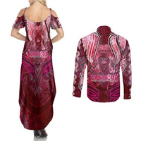 Breast Cancer Warrior Couples Matching Summer Maxi Dress and Long Sleeve Button Shirt Angel Wings Polynesian Pattern DT02 - Polynesian Pride