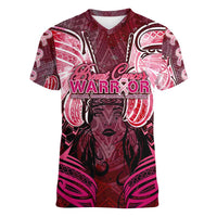 Breast Cancer Warrior Women V-Neck T-Shirt Angel Wings Polynesian Pattern