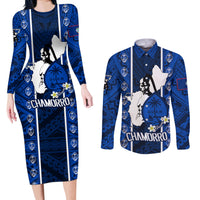 Guam Chamorro Warrior Couples Matching Long Sleeve Bodycon Dress and Long Sleeve Button Shirts Traditional Tribal Patterns DT02 Blue - Polynesian Pride
