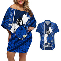 Guam Chamorro Warrior Couples Matching Off Shoulder Short Dress and Hawaiian Shirt Traditional Tribal Patterns DT02 Blue - Polynesian Pride