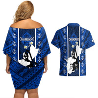 Guam Chamorro Warrior Couples Matching Off Shoulder Short Dress and Hawaiian Shirt Traditional Tribal Patterns DT02 - Polynesian Pride