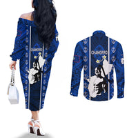 Guam Chamorro Warrior Couples Matching Off The Shoulder Long Sleeve Dress and Long Sleeve Button Shirts Traditional Tribal Patterns DT02 - Polynesian Pride