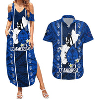 Guam Chamorro Warrior Couples Matching Summer Maxi Dress and Hawaiian Shirt Traditional Tribal Patterns DT02 Blue - Polynesian Pride
