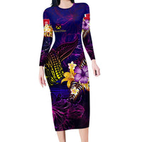 Wallis and Futuna Long Sleeve Bodycon Dress Whale Hibiscus Polynesian DT02 Long Dress Purple - Polynesian Pride