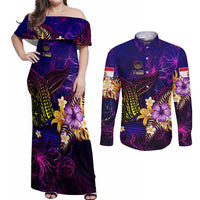 Tahiti French Polynesia Couples Matching Off Shoulder Maxi Dress and Long Sleeve Button Shirt Whale Hibiscus Polynesian