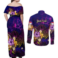 Tahiti French Polynesia Couples Matching Off Shoulder Maxi Dress and Long Sleeve Button Shirt Whale Hibiscus Polynesian